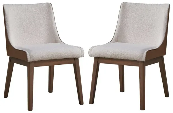 25 Inch Side Dining Chair Set of 2, Wingback, White Boucle, Walnut Brown - Benzara