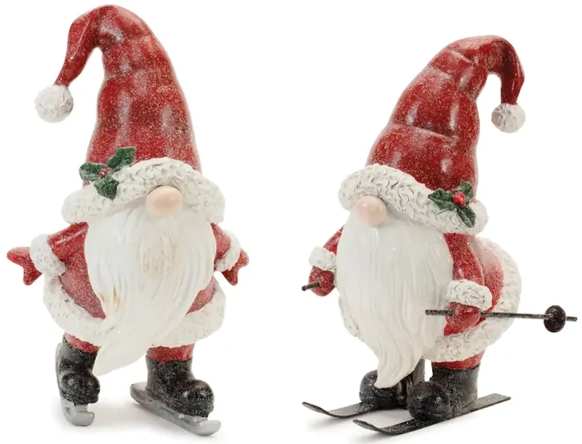 Set of 2 Holiday Gnome Figurines – Glittered Winter Sport Gnomes with Snowy Accessories for Festive Christmas Tabletop or Shelf Decor