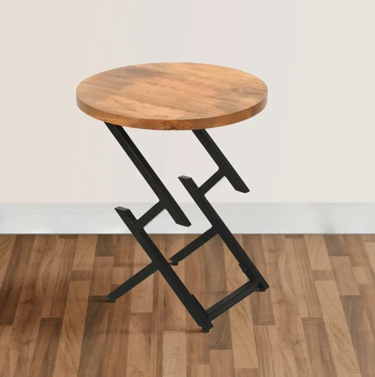 23 Inch Side End Table, Natural Brown Round Wood Top, Modern Black Angled Iron Legs - Benzara