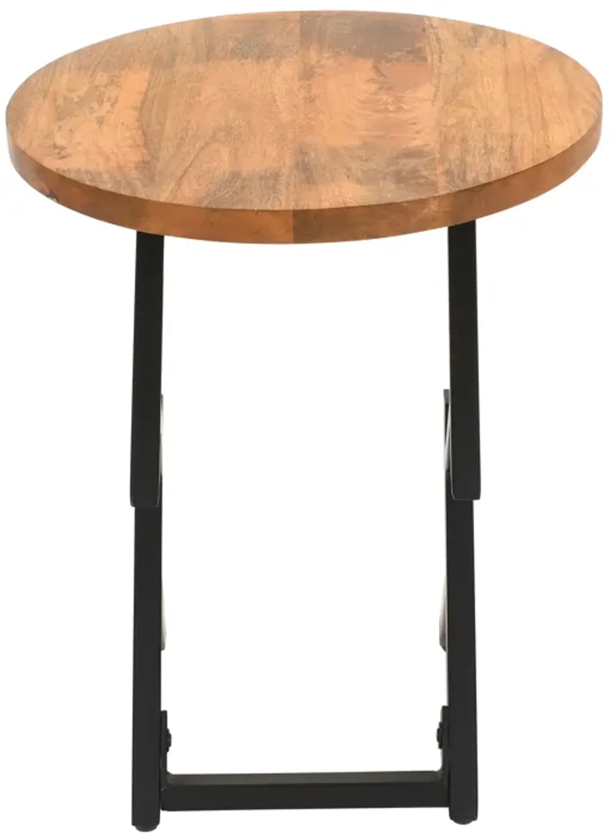 23 Inch Side End Table, Natural Brown Round Wood Top, Modern Black Angled Iron Legs - Benzara