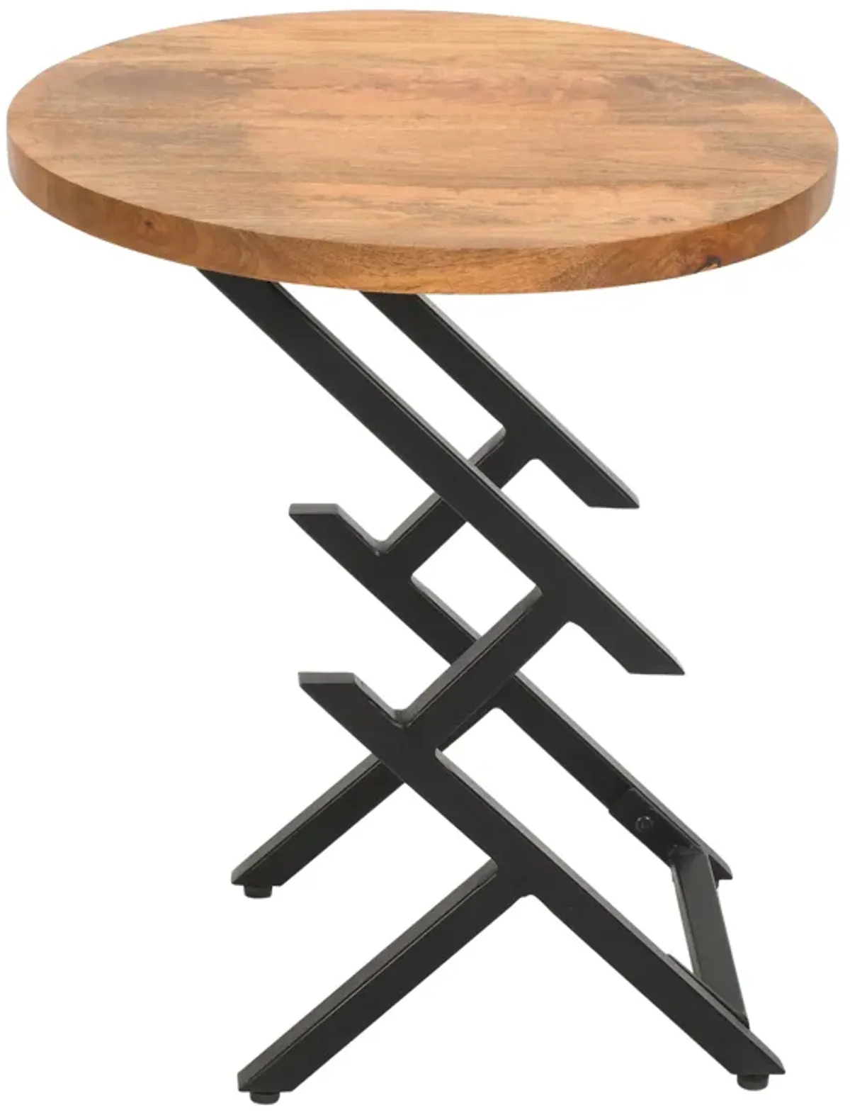 23 Inch Side End Table, Natural Brown Round Wood Top, Modern Black Angled Iron Legs - Benzara