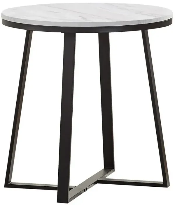24 Inch End Table, White Faux Marble Round Top, Artisanal Metal Framework-Benzara