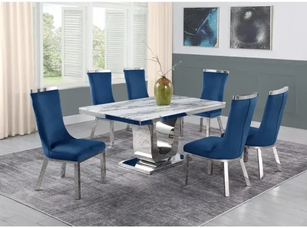 7pc dining set- Recatngle Marble table with a U shape base and 6 side chairs in Navy Blue