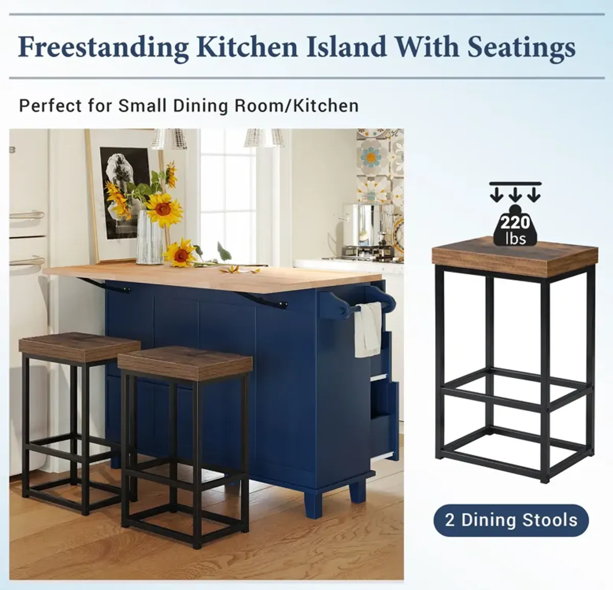 Farmhouse Kitchen Island Set with 2 Stools