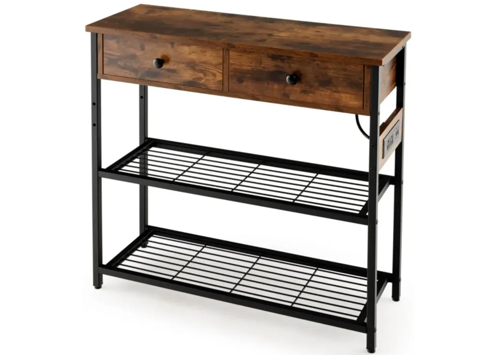 Hivvago Narrow Console Table with 2 Drawers and 2 Metal Mesh Shelves