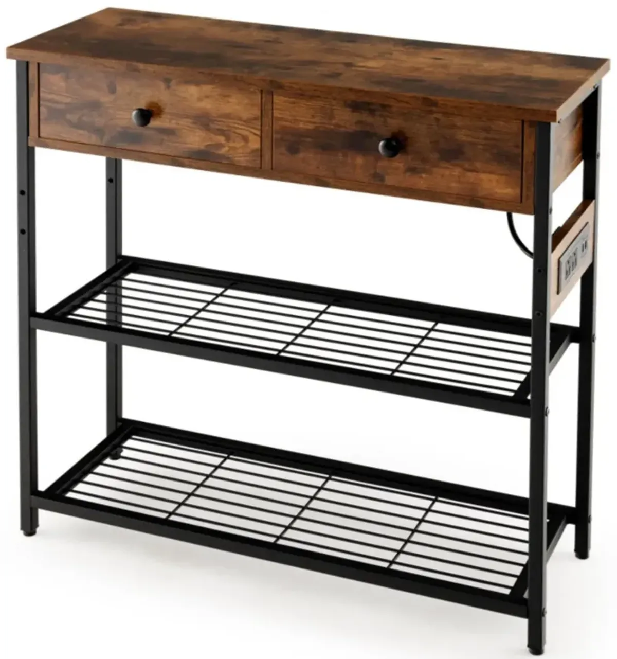 Hivvago Narrow Console Table with 2 Drawers and 2 Metal Mesh Shelves