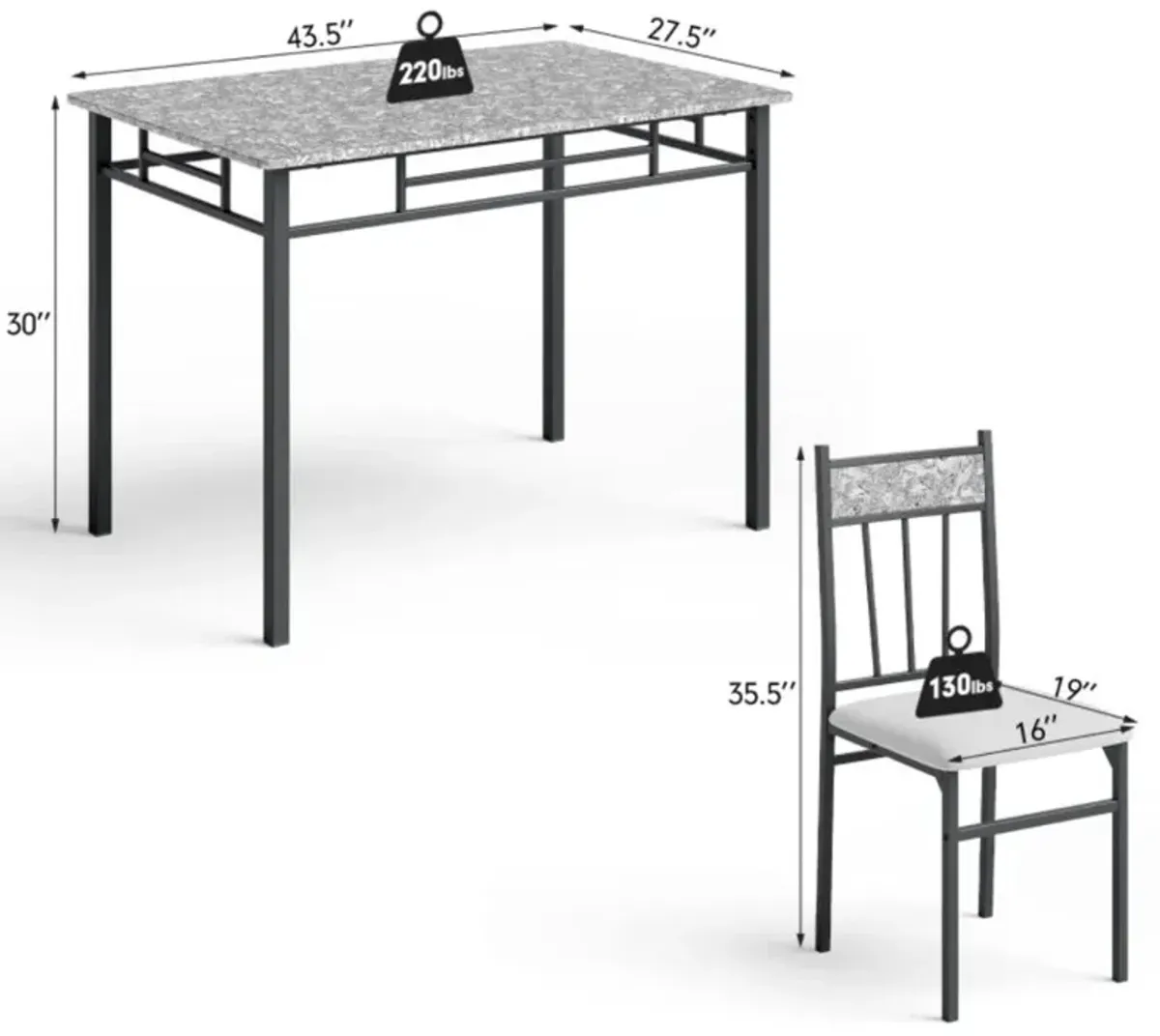 Hivvago 5 Pieces Faux Marble Dining Set Table with Solid Steel Frame