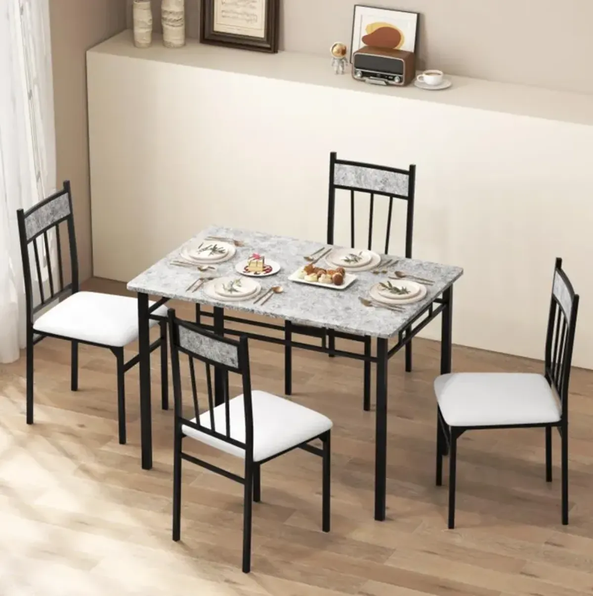 Hivvago 5 Pieces Faux Marble Dining Set Table with Solid Steel Frame