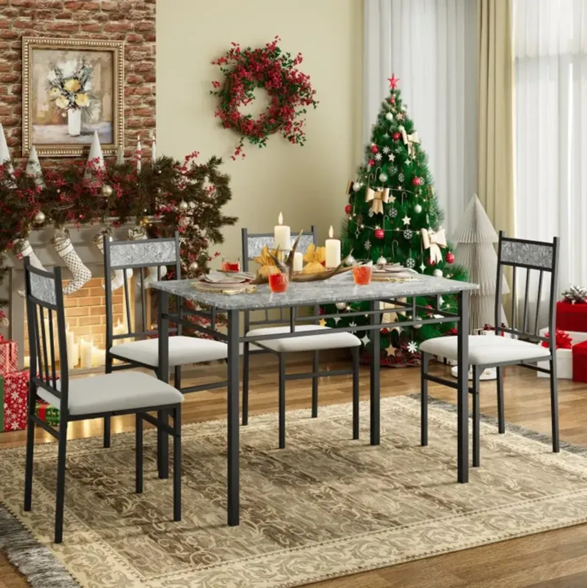 Hivvago 5 Pieces Faux Marble Dining Set Table with Solid Steel Frame