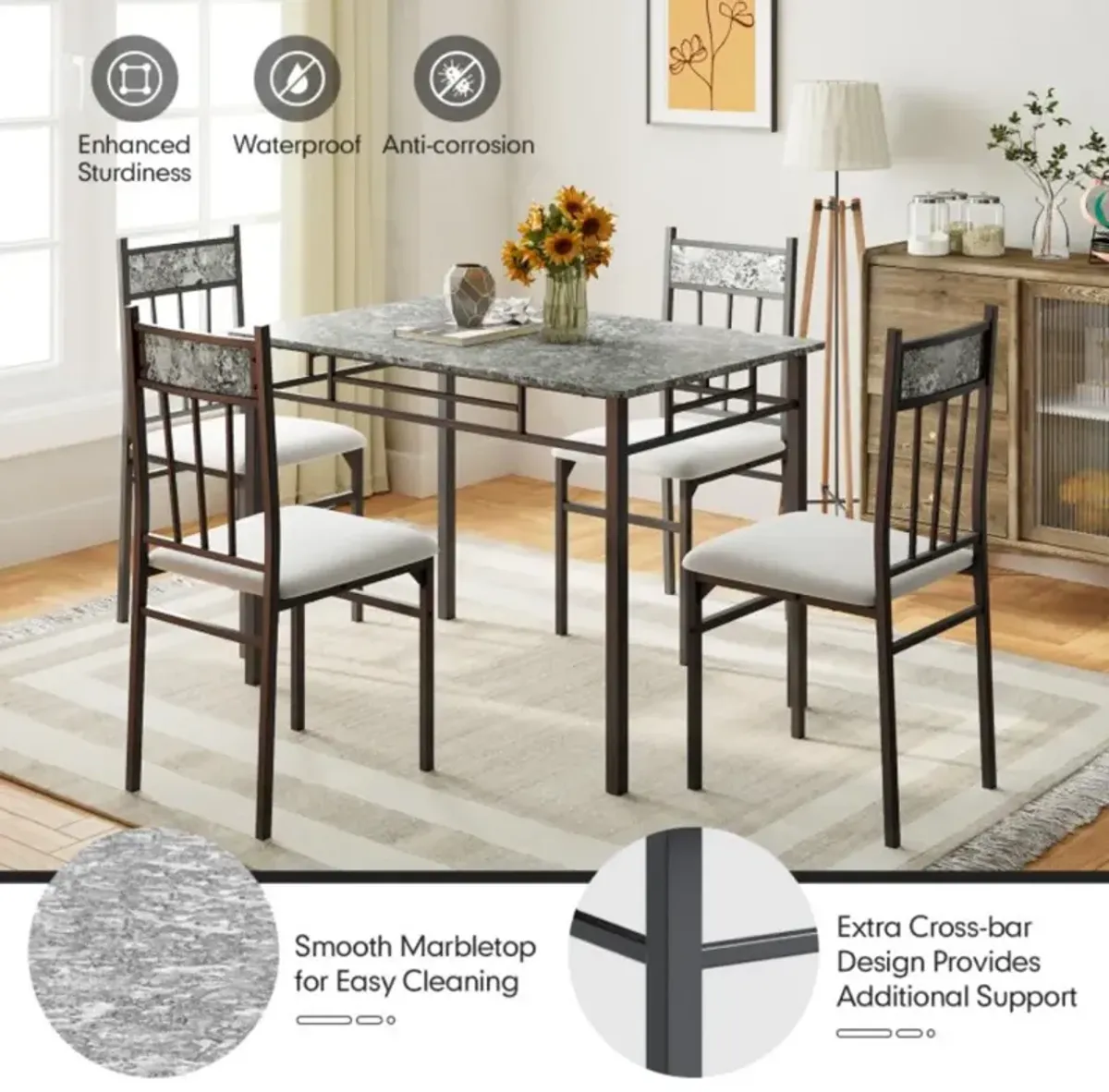 Hivvago 5 Pieces Faux Marble Dining Set Table with Solid Steel Frame