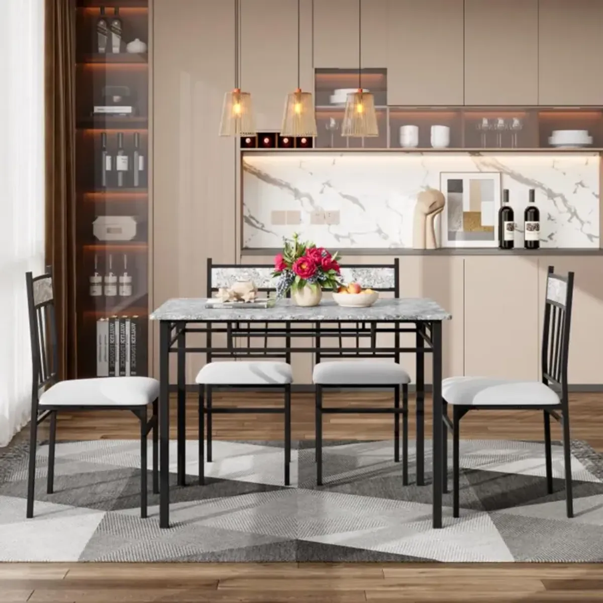 Hivvago 5 Pieces Faux Marble Dining Set Table with Solid Steel Frame