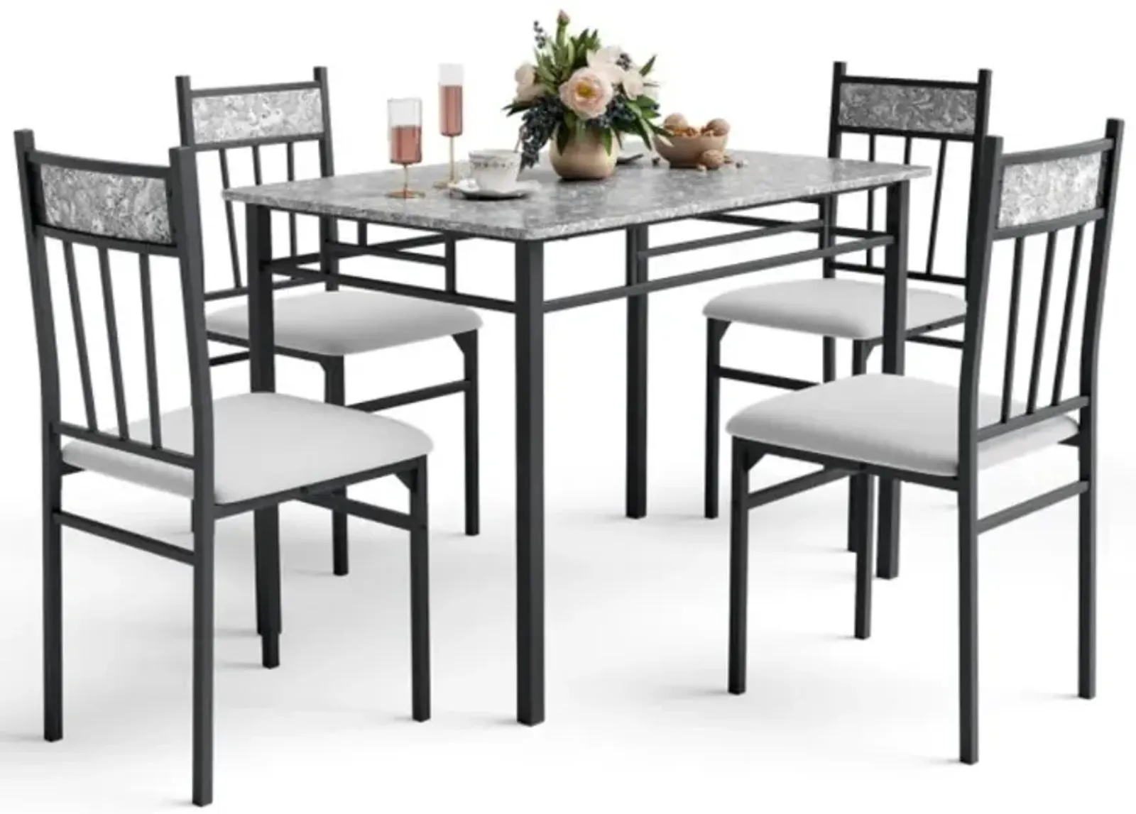 Hivvago 5 Pieces Faux Marble Dining Set Table with Solid Steel Frame