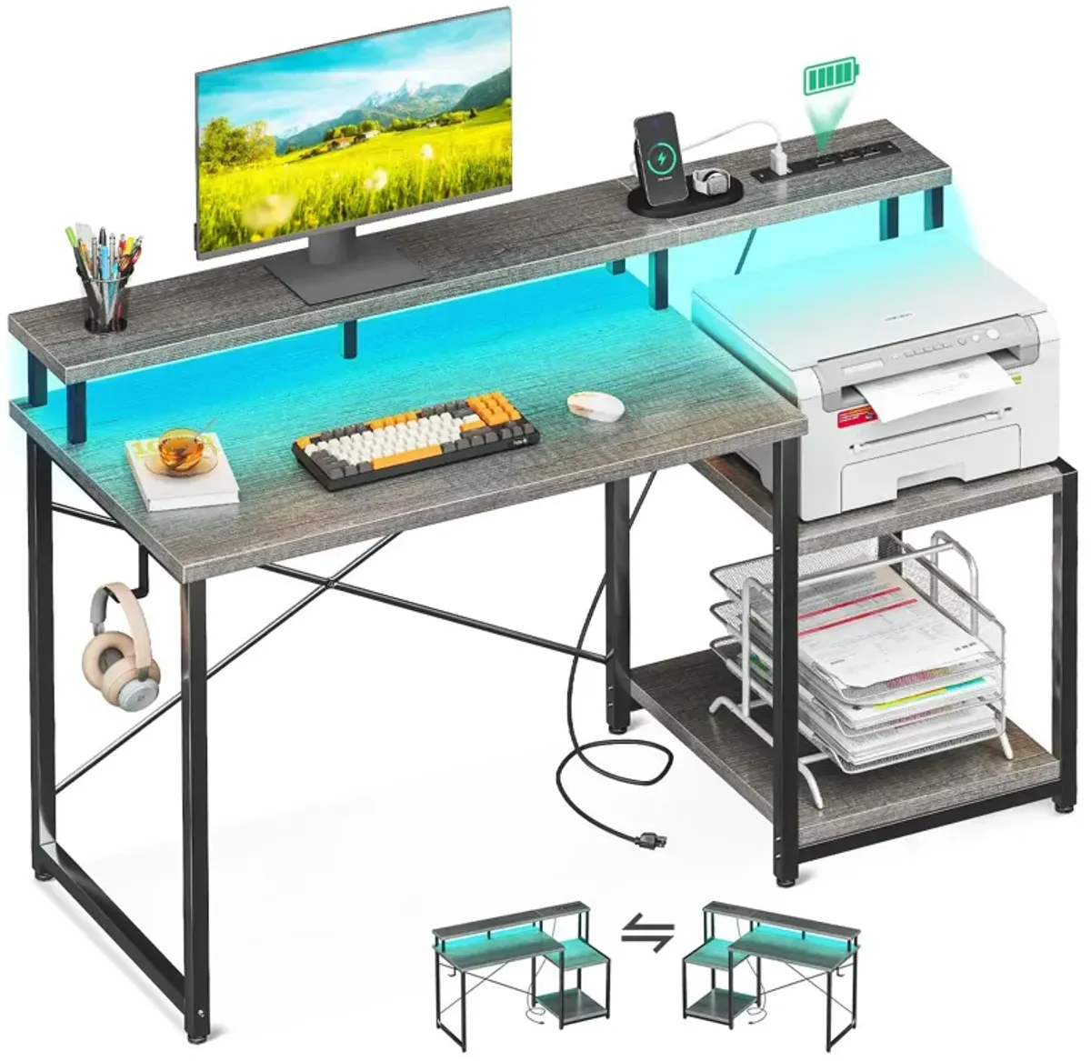 AODK Computer Desk, 48 Inch Gaming Desk with Led Lights & Power Outlet, Office Desk with Printer Storage Shelves, Reversible Des