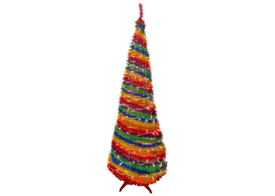 6' Pre-Lit Rainbow Tinsel Pop-Up Artificial Christmas Tree  Clear Lights