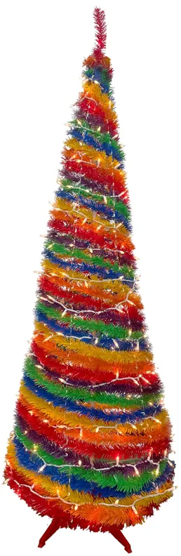 6' Pre-Lit Rainbow Tinsel Pop-Up Artificial Christmas Tree  Clear Lights