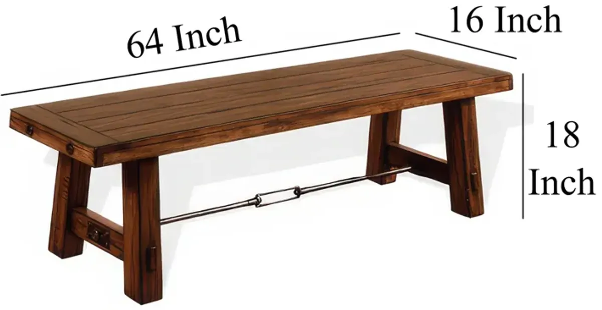 Reggie Dining Bench, Brown Mahogany Wood, Turnbuckle Accents, 64 Inch - Benzara