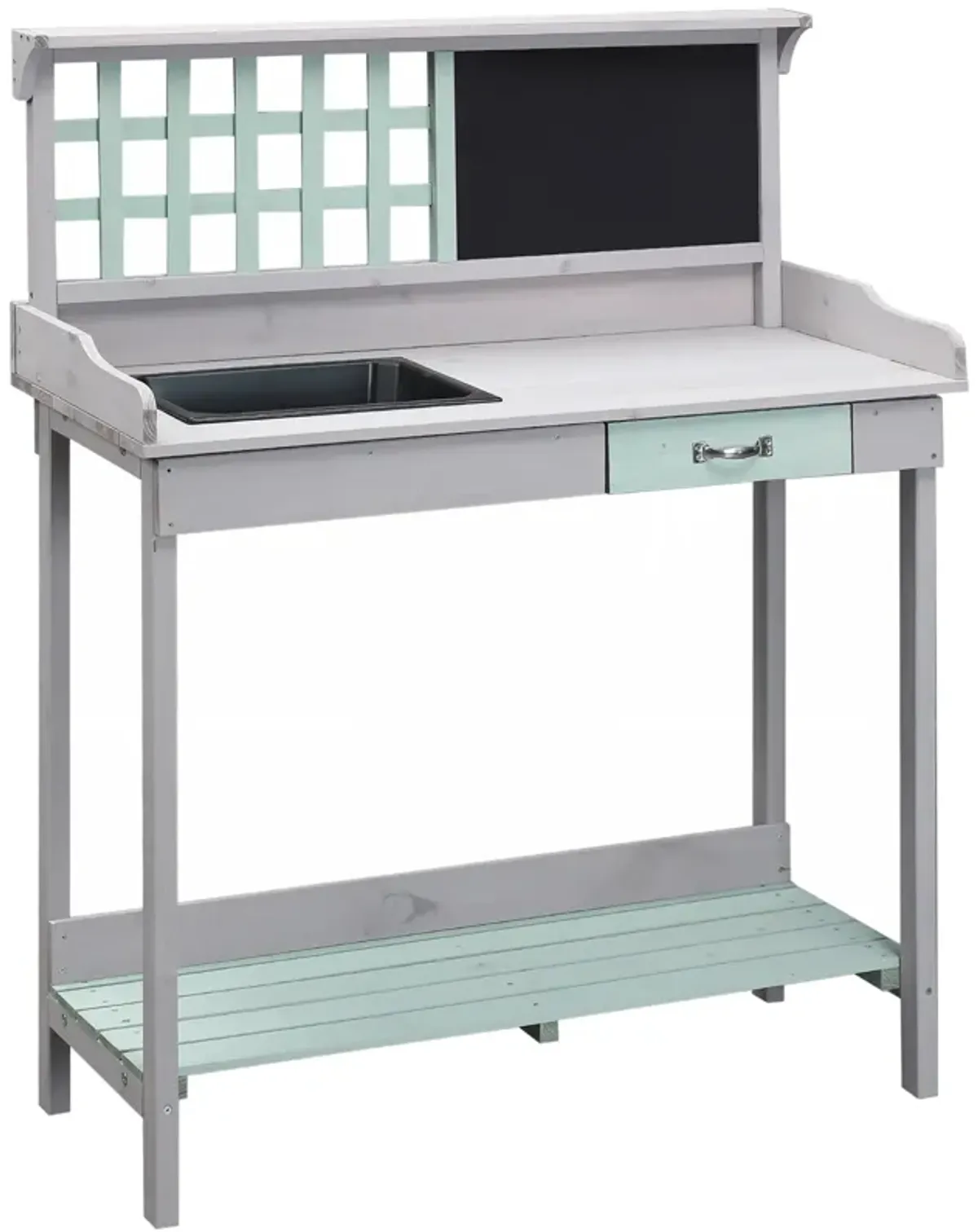 Outsunny Outdoor Wooden Potting Bench Table with Removable Sink, Garden Work Bench with Chalkboard, Drawer, Open Shelf Storage, Light Gray