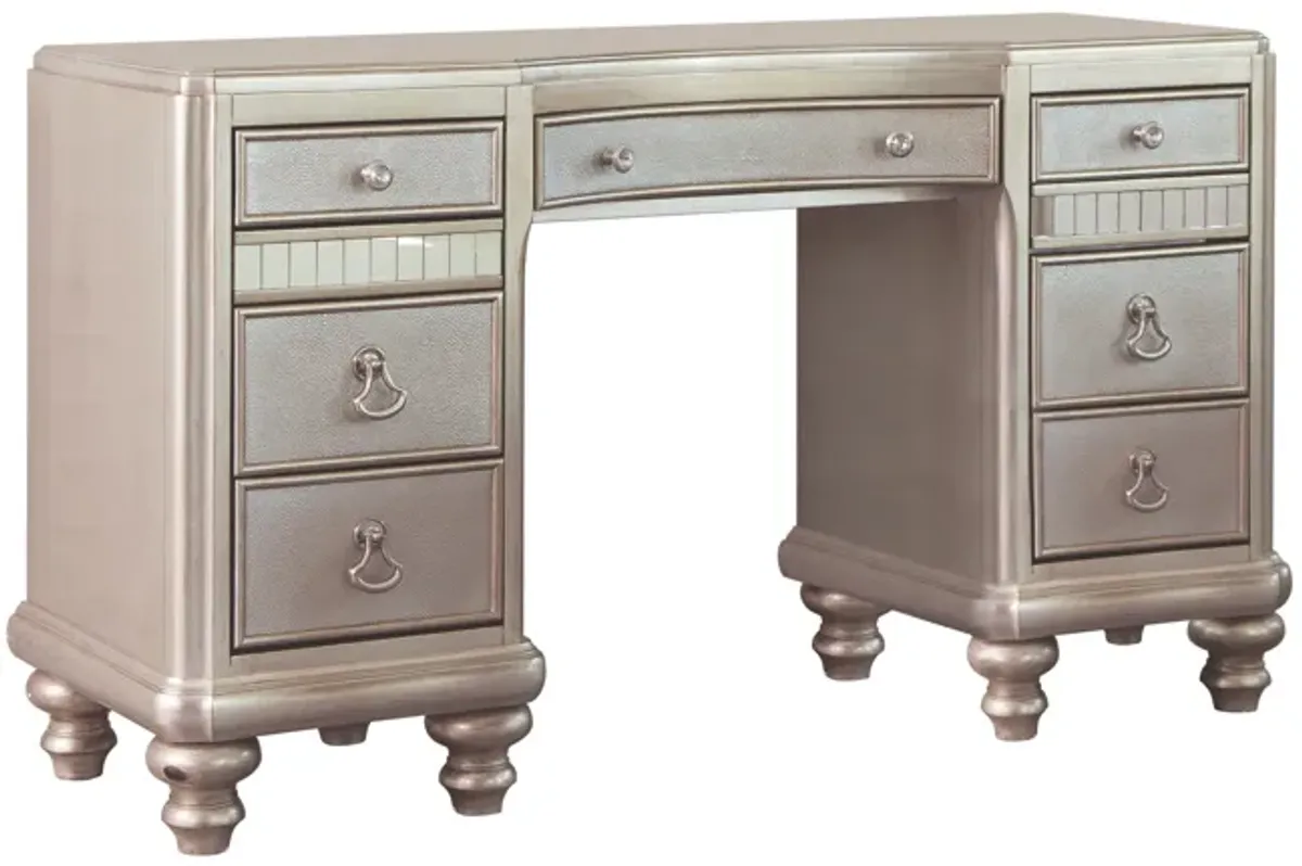 Deco Vanity Desk Dresser, 9 Mirrored Drawers, Turned Feet, Bling, Silver - Benzara