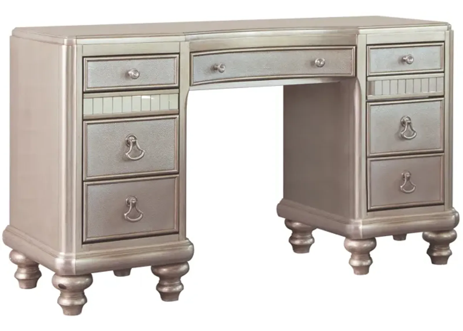 Deco Vanity Desk Dresser, 9 Mirrored Drawers, Turned Feet, Bling, Silver - Benzara