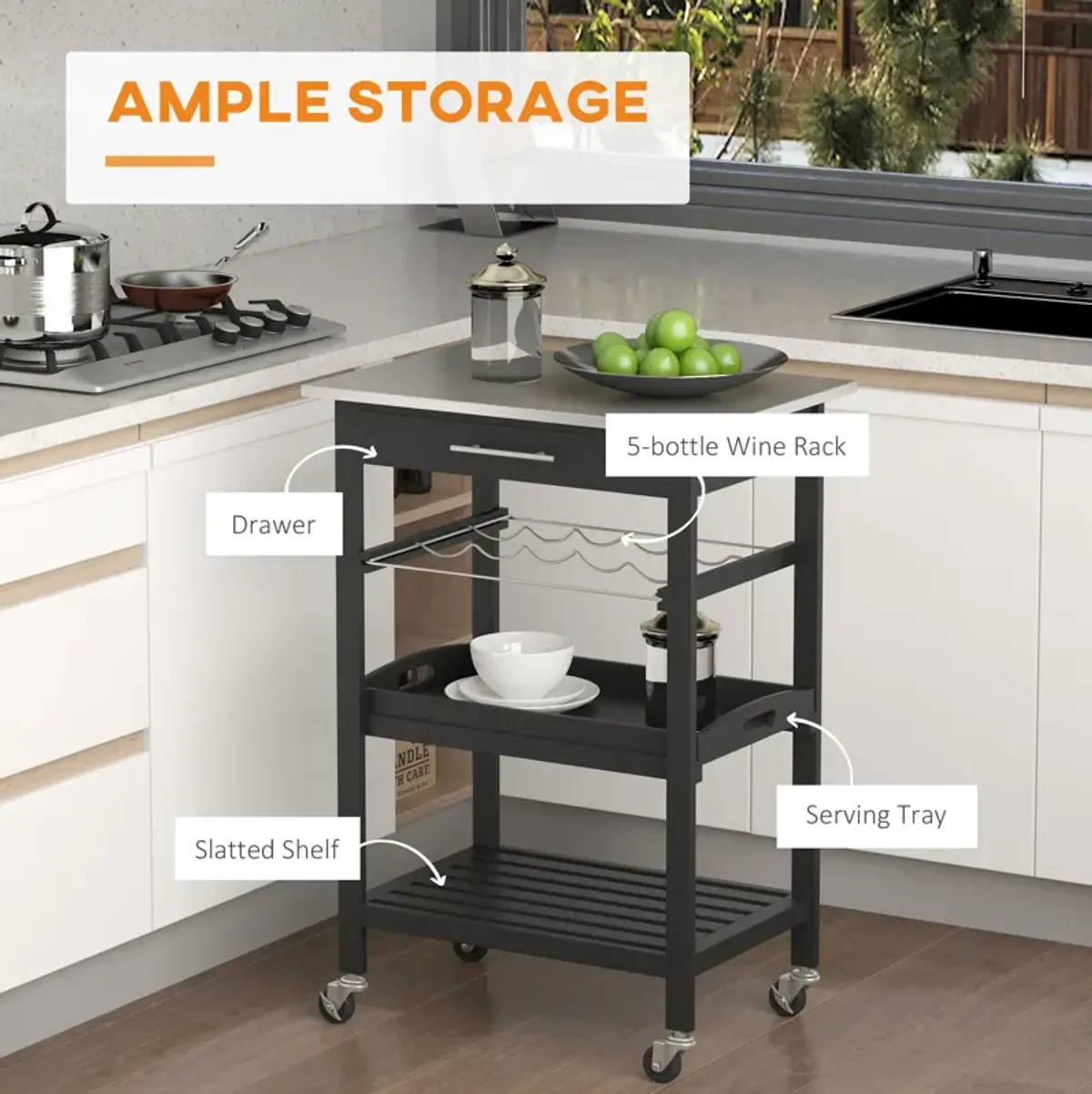 Room Essential Portable Stainless Steel Top Kitchen Cart w/ Storage Drawer