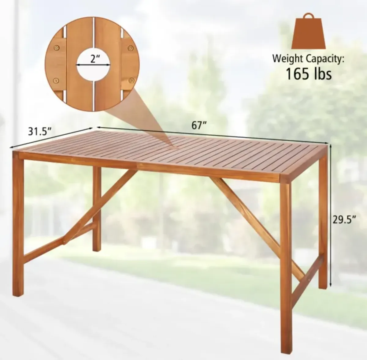 Hivvago 67 Inch Patio Rectangle Acacia Wood Dining Table with Umbrella Hole