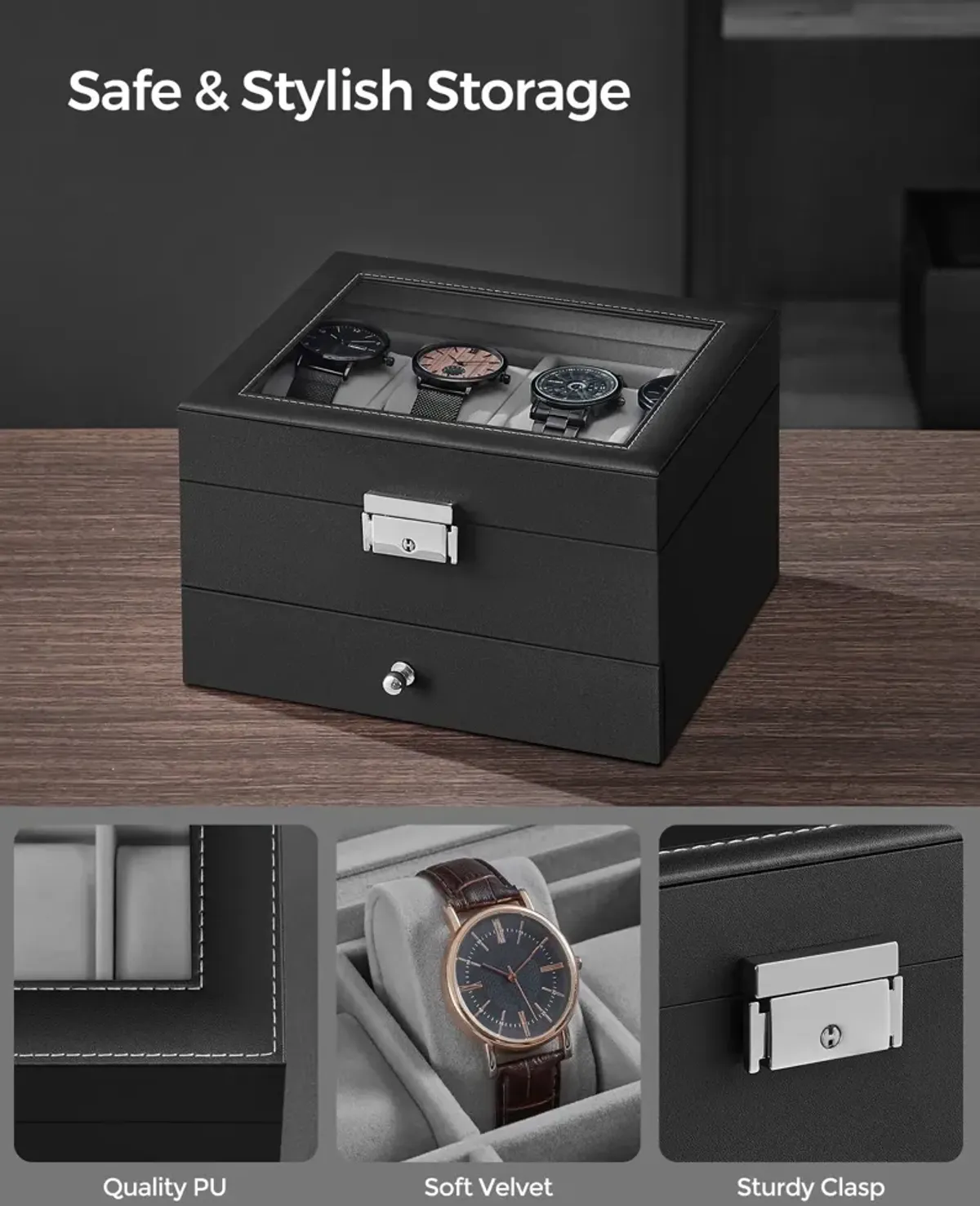 Lockable 8-Slot Watch Box – Jewelry Display Case for Men with Keys