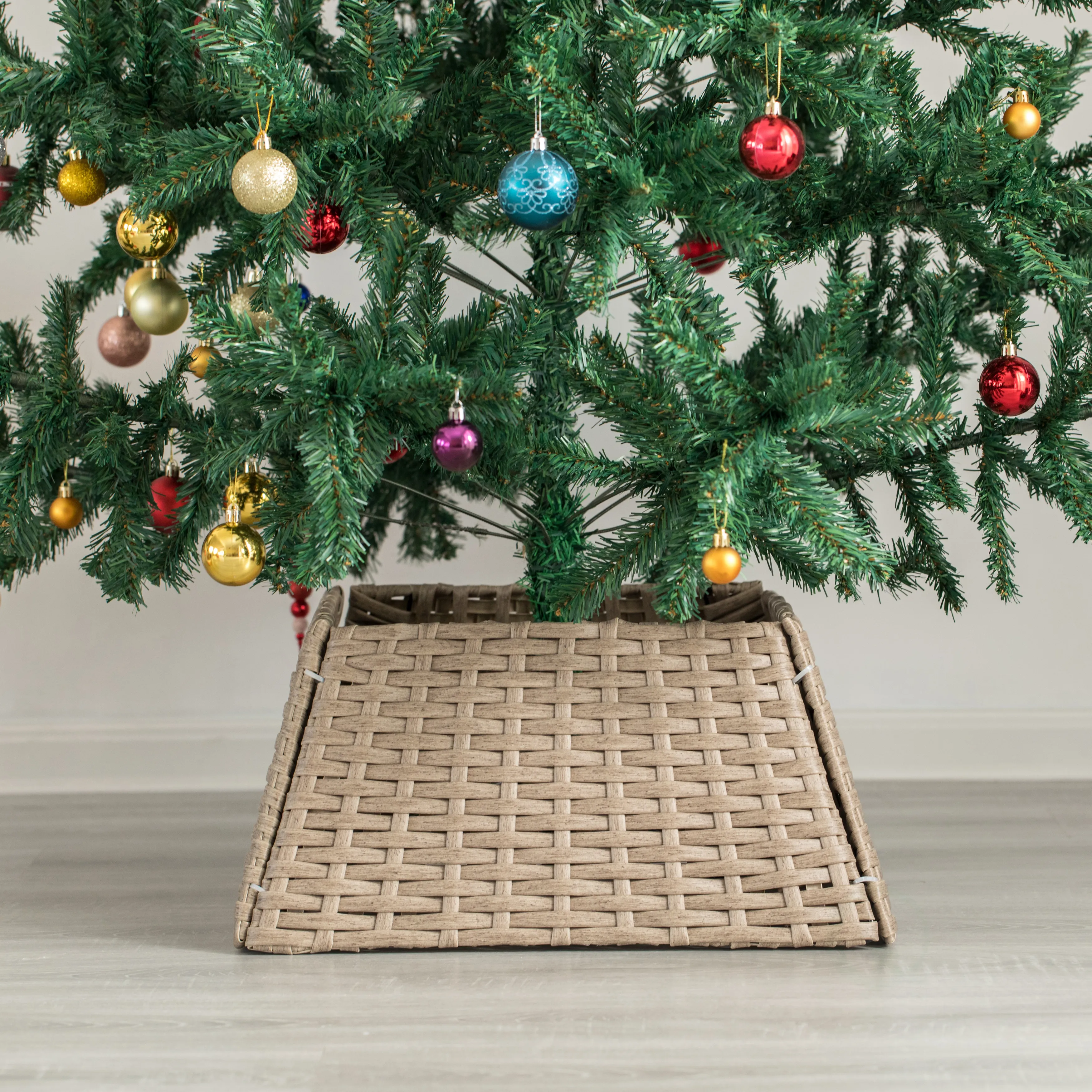 Foldable Christmas Tree Skirt Collar Basket, Ring Base Stand Cover, Rattan Plastic, Grey