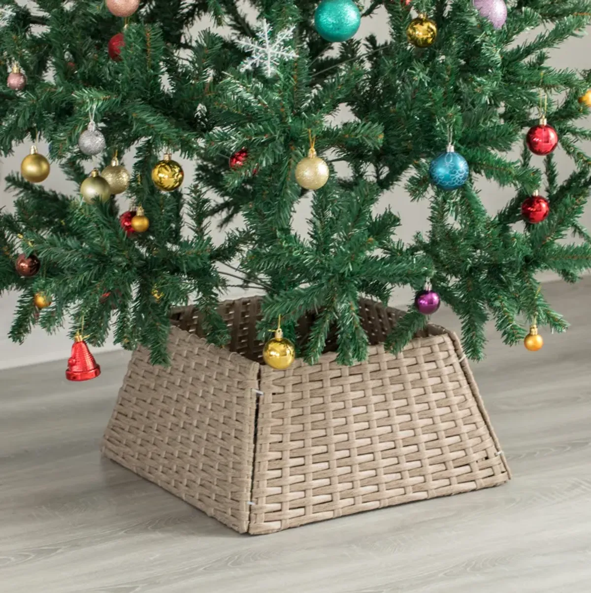 Foldable Christmas Tree Skirt Collar Basket, Ring Base Stand Cover, Rattan Plastic, Grey