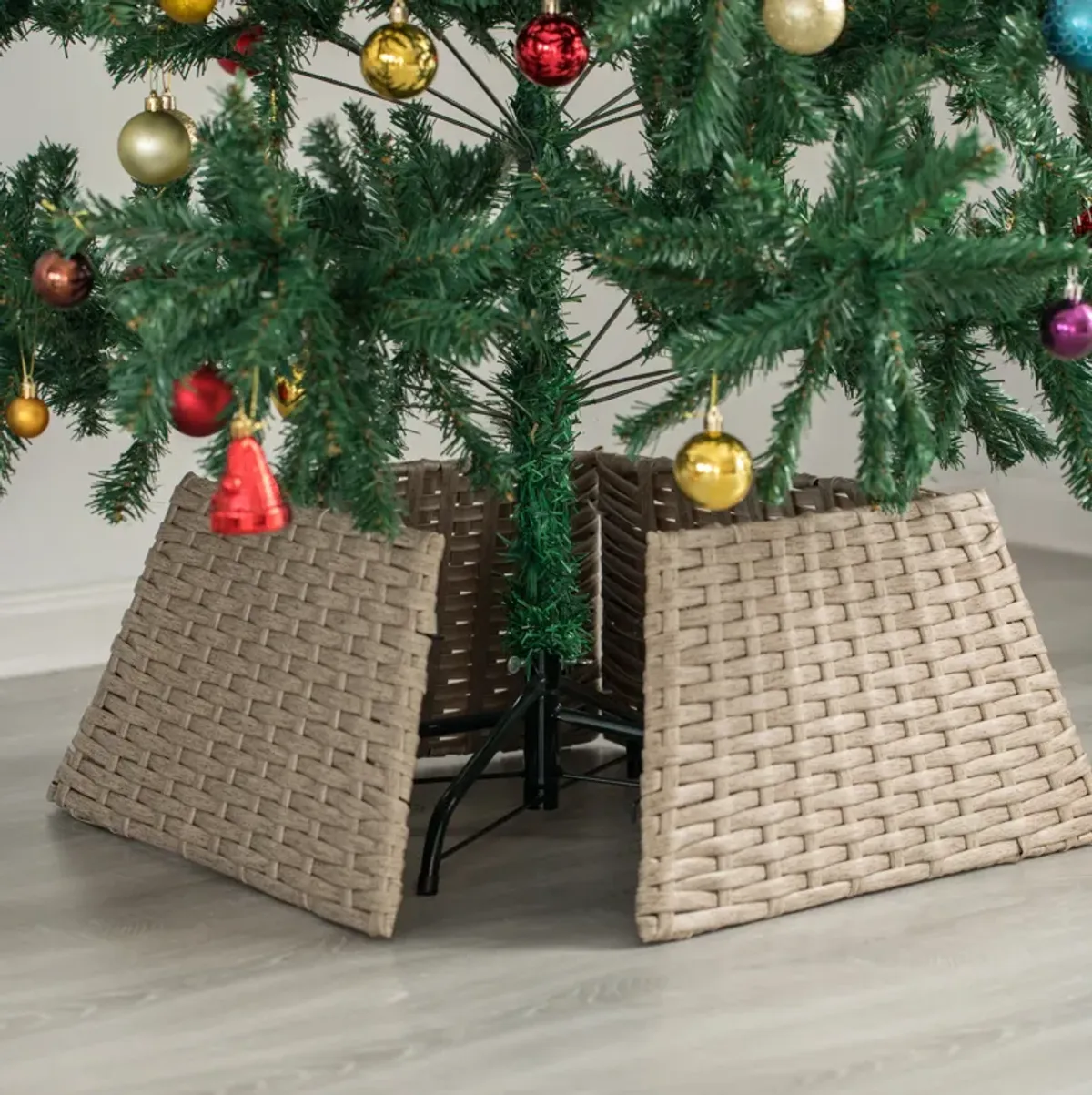 Foldable Christmas Tree Skirt Collar Basket, Ring Base Stand Cover, Rattan Plastic, Grey