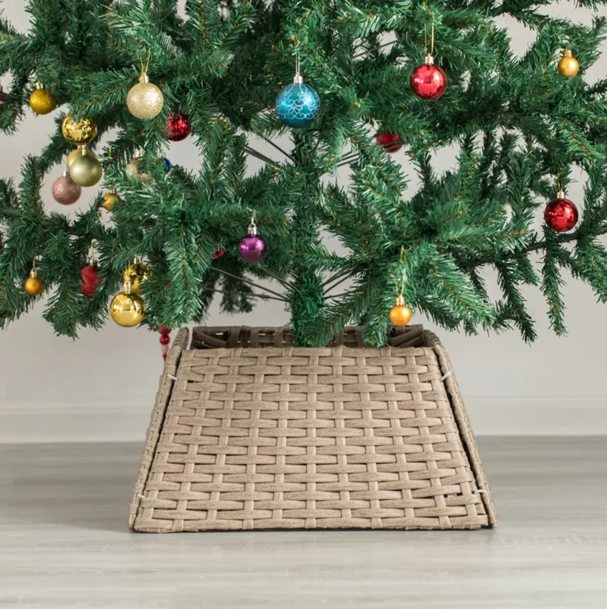 Foldable Christmas Tree Skirt Collar Basket, Ring Base Stand Cover, Rattan Plastic, Grey