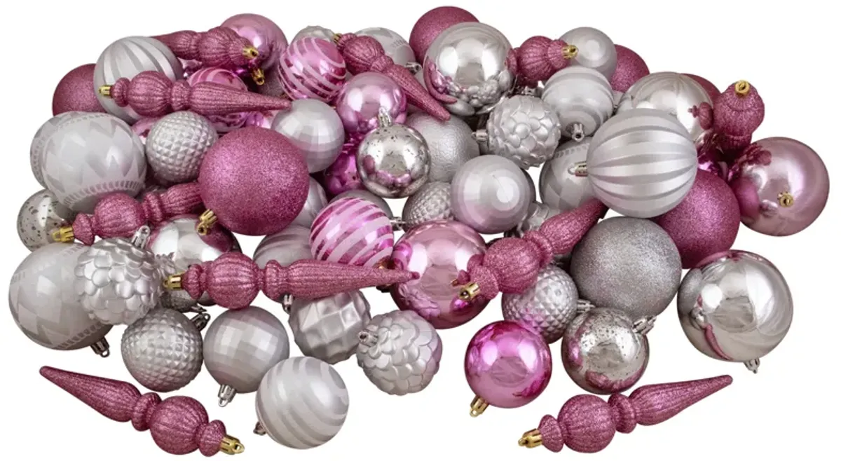 75ct Pink and Silver Shatterproof 3-Finish Christmas Ball Ornaments