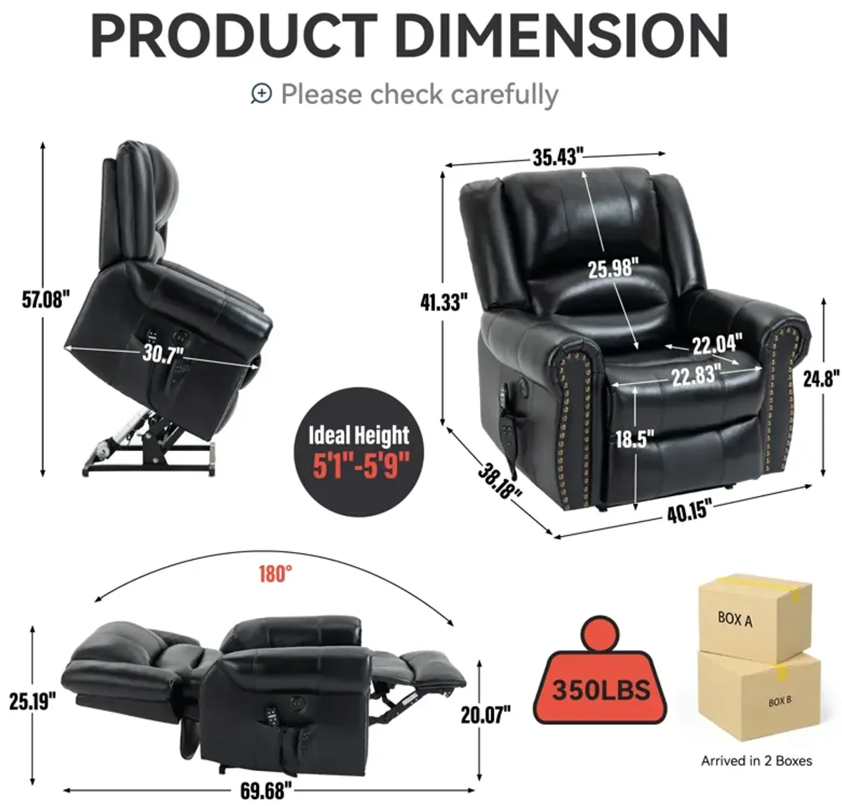 Power Lift Recliner Chair Heat Massage Dual Motor Infinite Position Up to 350 LBS, Genuine Leather, Heavy Duty Motion Mechanism with USB Ports, Brown