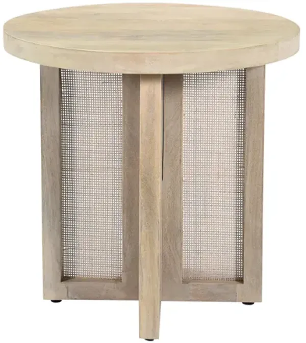 Solid Wood and Rattan Round End Table for Living Room or Bedroom