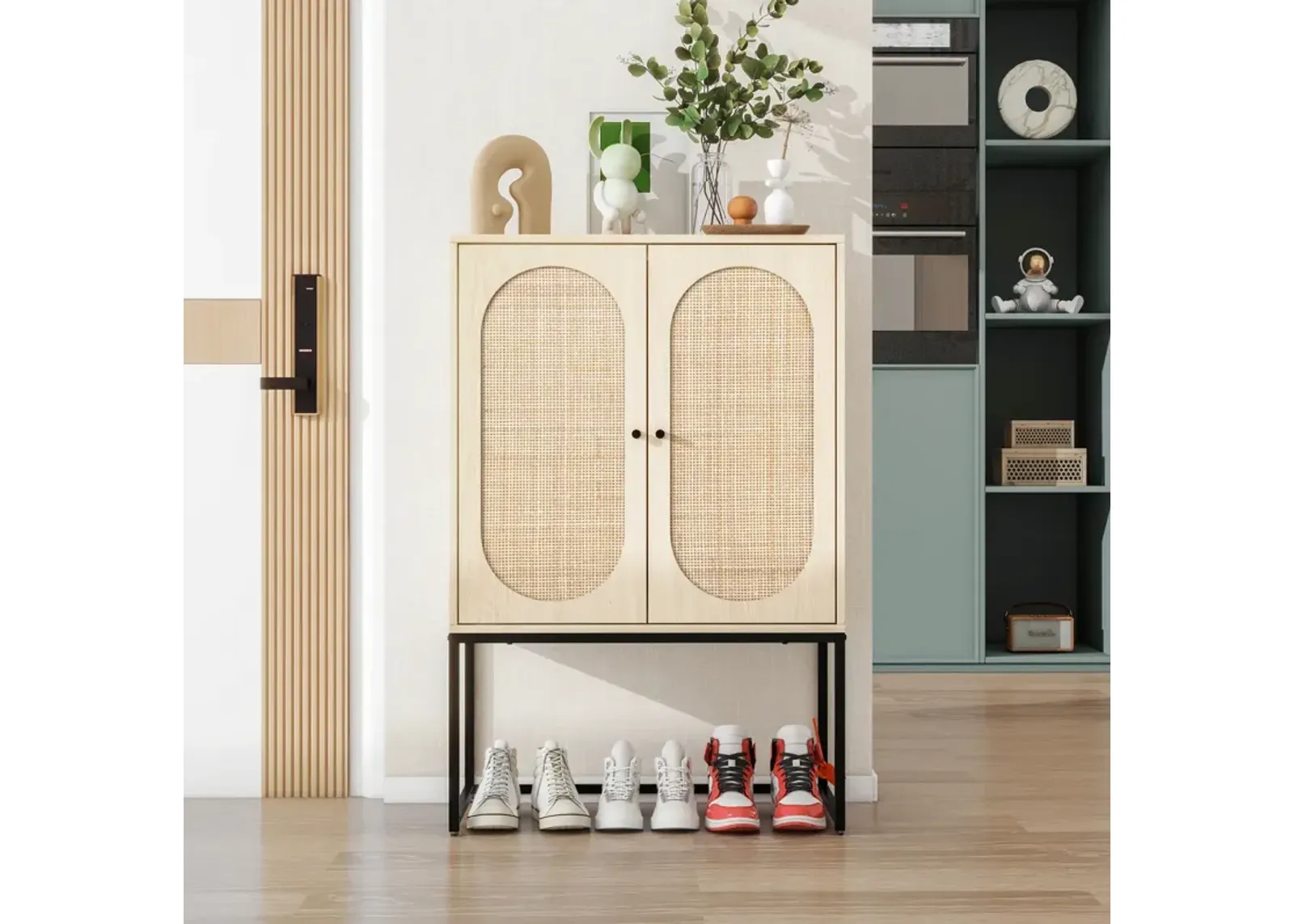 Allen 2 Door High Cabinet, Rattan, Built-In Adjustable Shelf, Easy Assembly, Free Standing