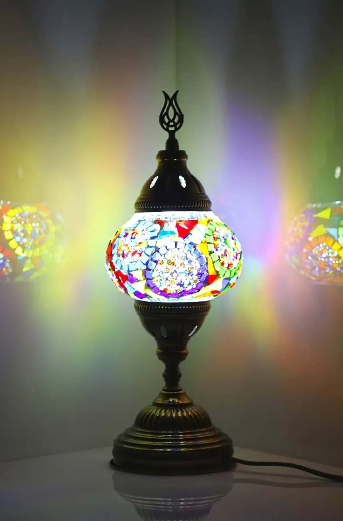 14.5 in. Handmade Multicolor Mosaic Glass Table Lamp with Brass Color Metal Base