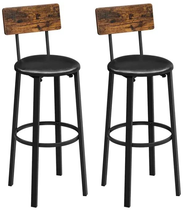 30 Inch Barstool Chair Set of 2, Brown Wood Panel Back, Round Black Steel - Benzara
