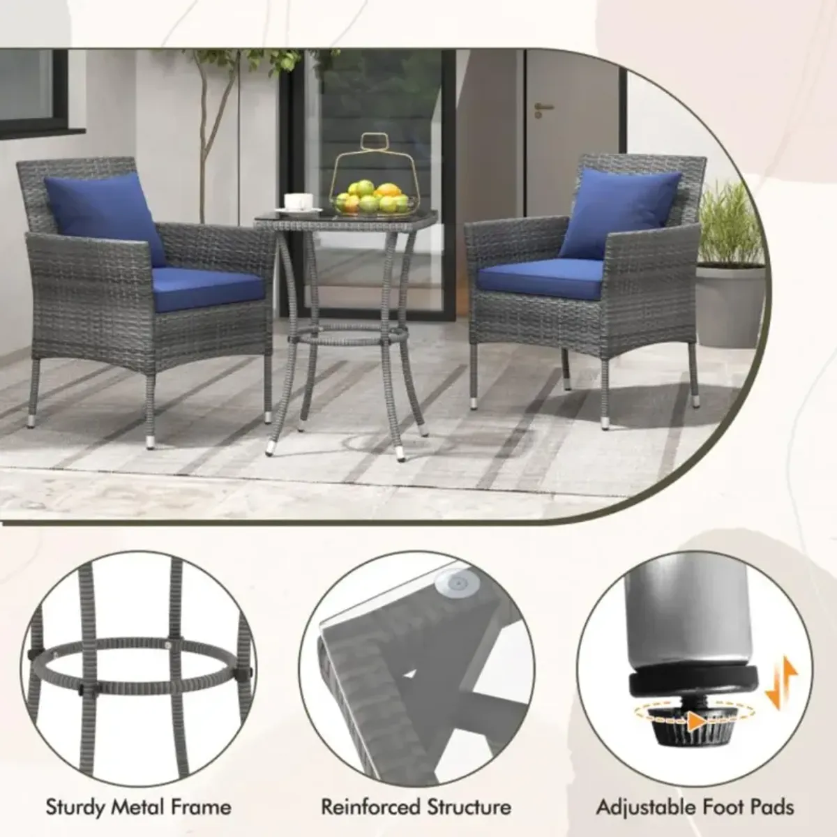 Hivvago 3 Pieces Patio Furniture Set with Cushioned Patio Chairs and Tempered Glass Coffee Table