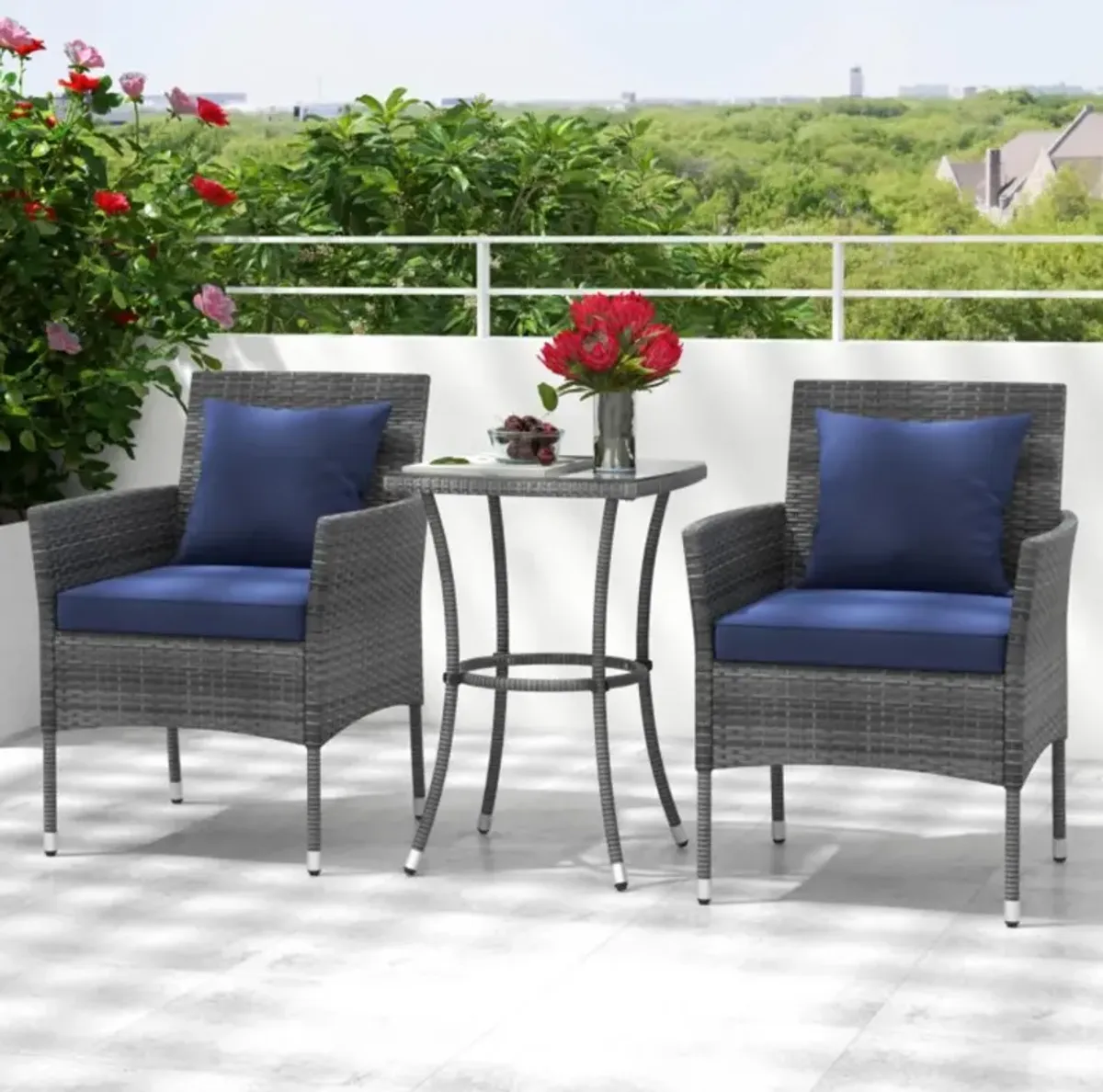 Hivvago 3 Pieces Patio Furniture Set with Cushioned Patio Chairs and Tempered Glass Coffee Table