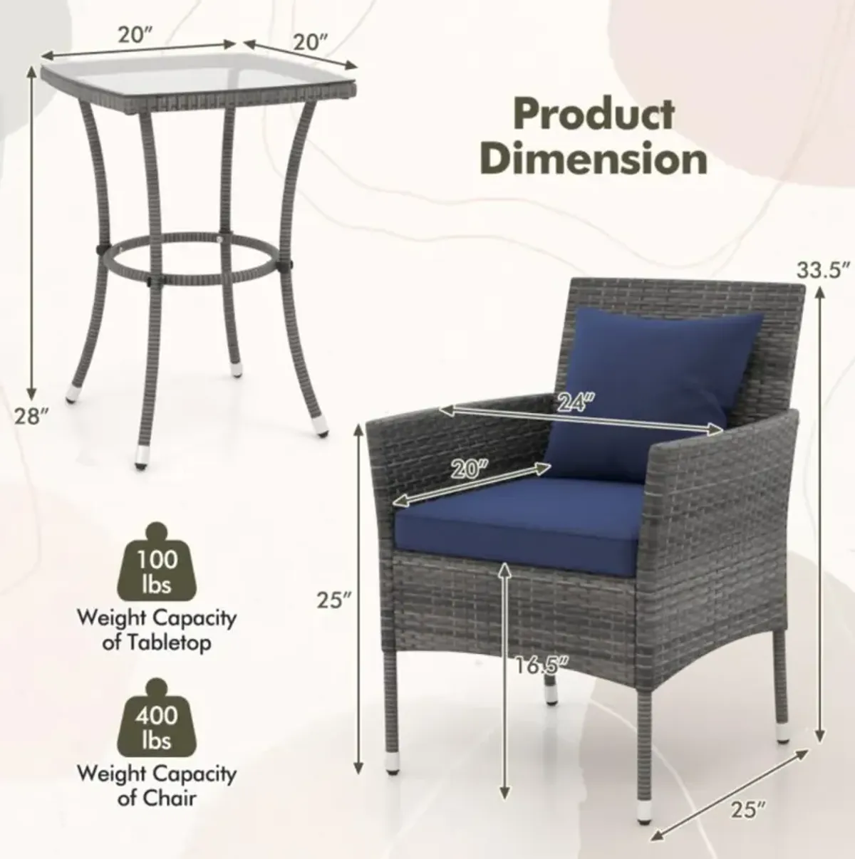 Hivvago 3 Pieces Patio Furniture Set with Cushioned Patio Chairs and Tempered Glass Coffee Table