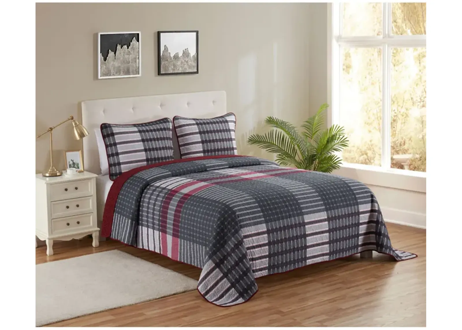 Legacy Decor 3 PCS Quilt Reversible Bedspread Coverlet  Patchwork Design Ultra Soft Microfiber Oversized Full Size