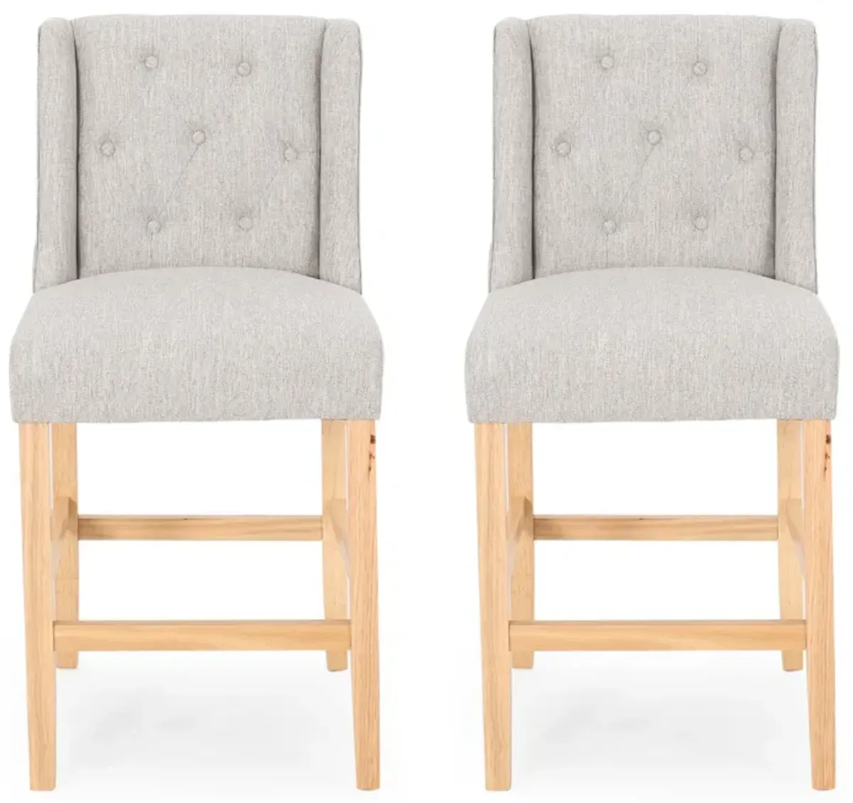 Seliva Counter Stool Chair Set of 2, Light Gray Fabric, Tufted, Brown Wood - Benzara