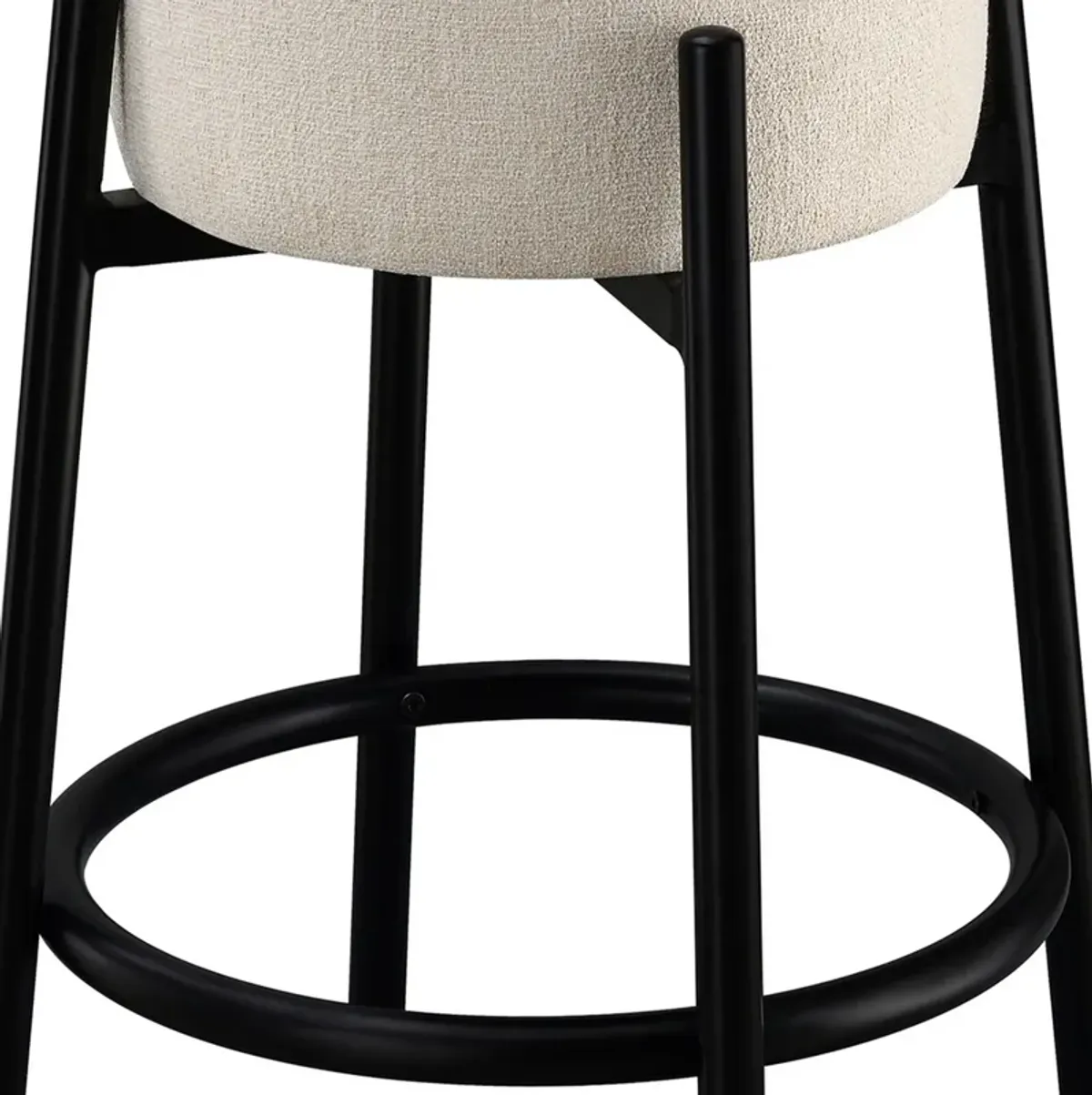 25 Inch Set of 2 Round Counter Height Stools, Black, White Fabric Pouf Seat-Benzara