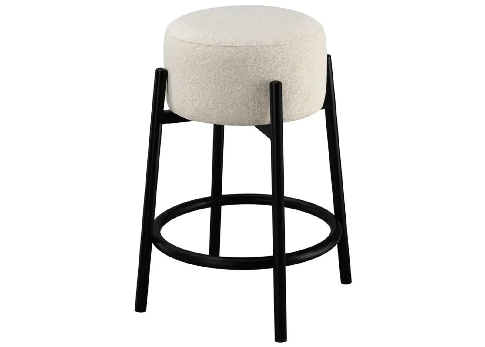 25 Inch Set of 2 Round Counter Height Stools, Black, White Fabric Pouf Seat-Benzara