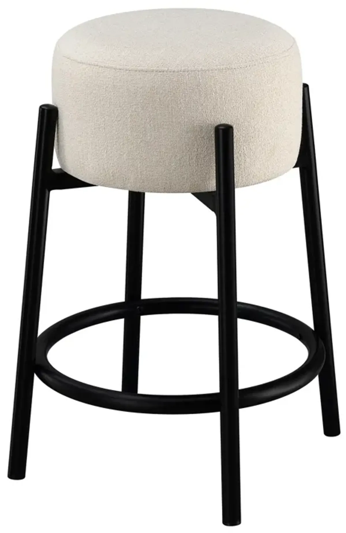 25 Inch Set of 2 Round Counter Height Stools, Black, White Fabric Pouf Seat-Benzara