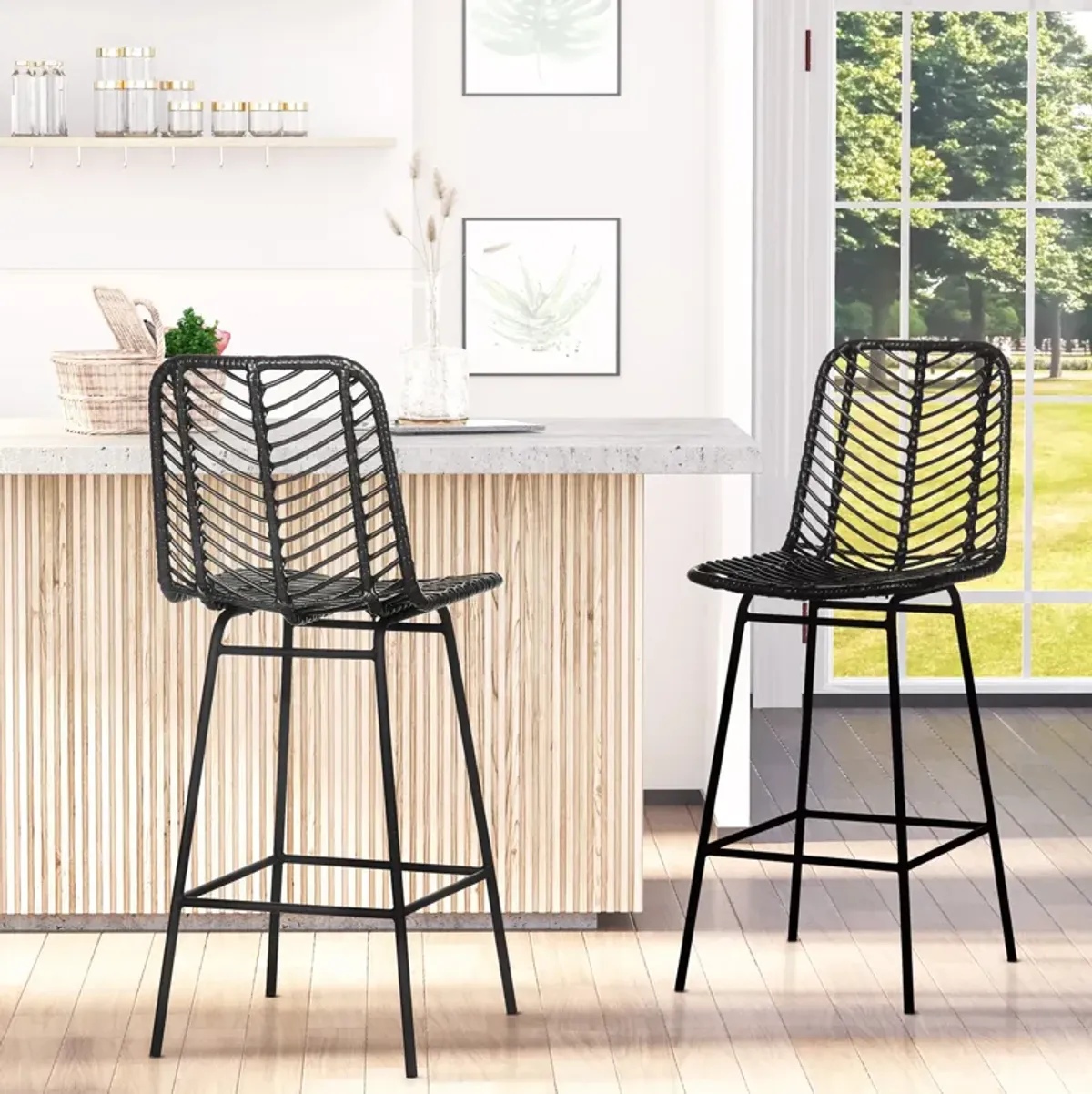 Black Rattan Barstools: Set of 2, Counter Height, Steel Legs