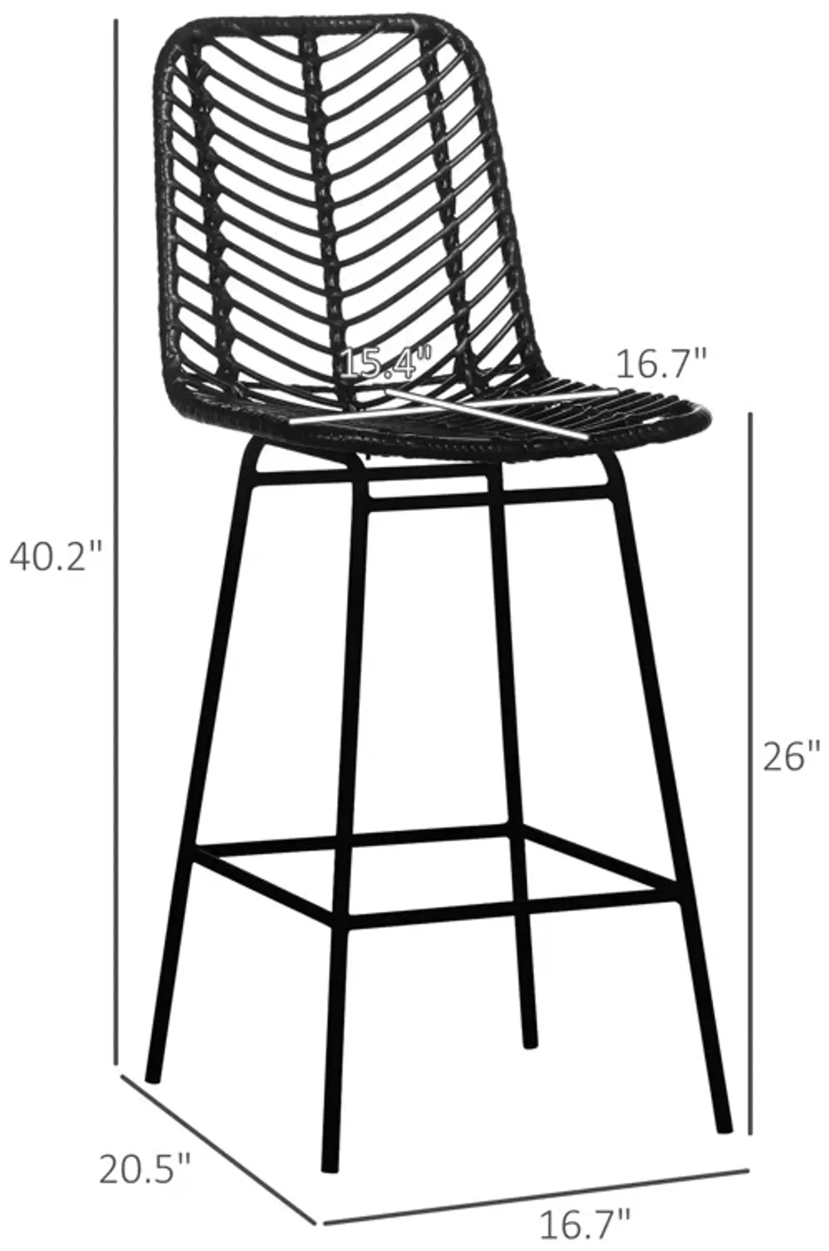 Black Rattan Barstools: Set of 2, Counter Height, Steel Legs