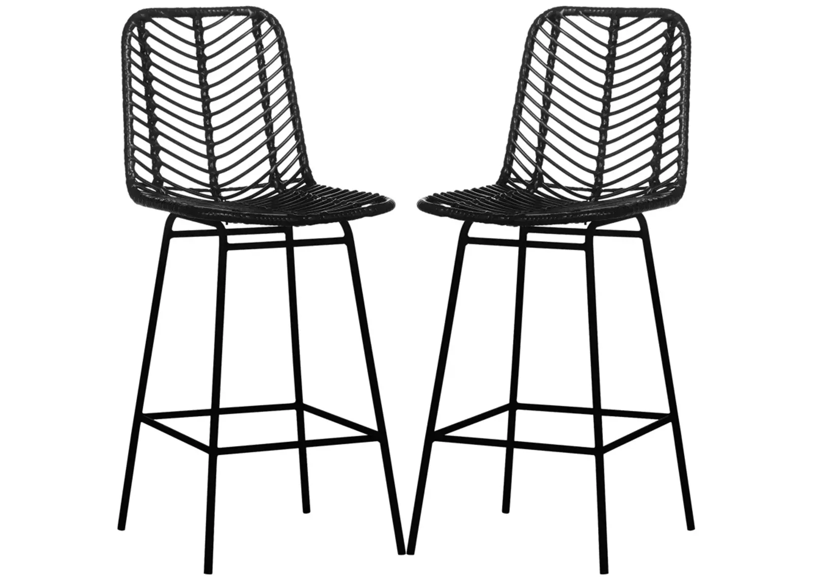 Black Rattan Barstools: Set of 2, Counter Height, Steel Legs