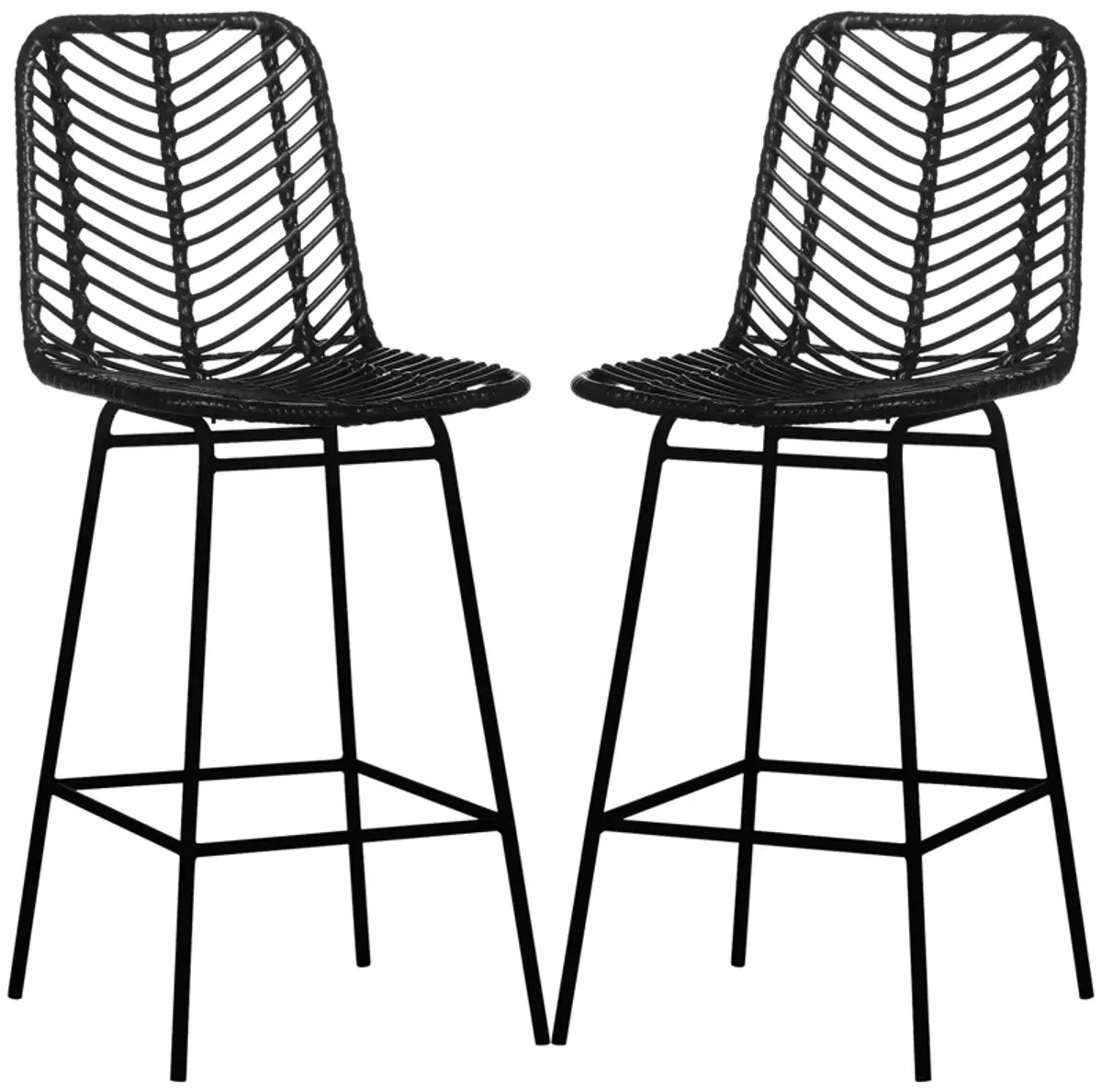 Black Rattan Barstools: Set of 2, Counter Height, Steel Legs