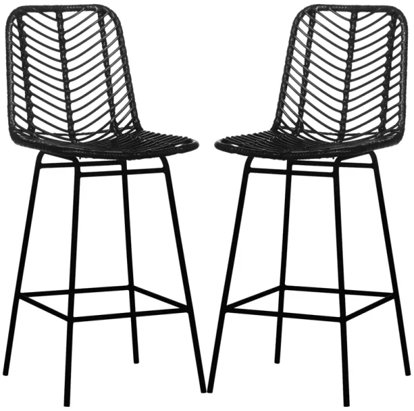 Black Rattan Barstools: Set of 2, Counter Height, Steel Legs
