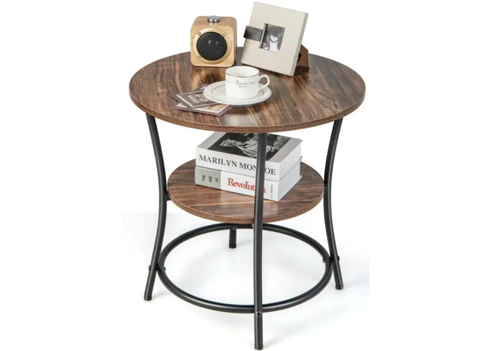 Hivvago 2-Tier Round End Table with Open Storage Shelf and Sturdy Metal Frame